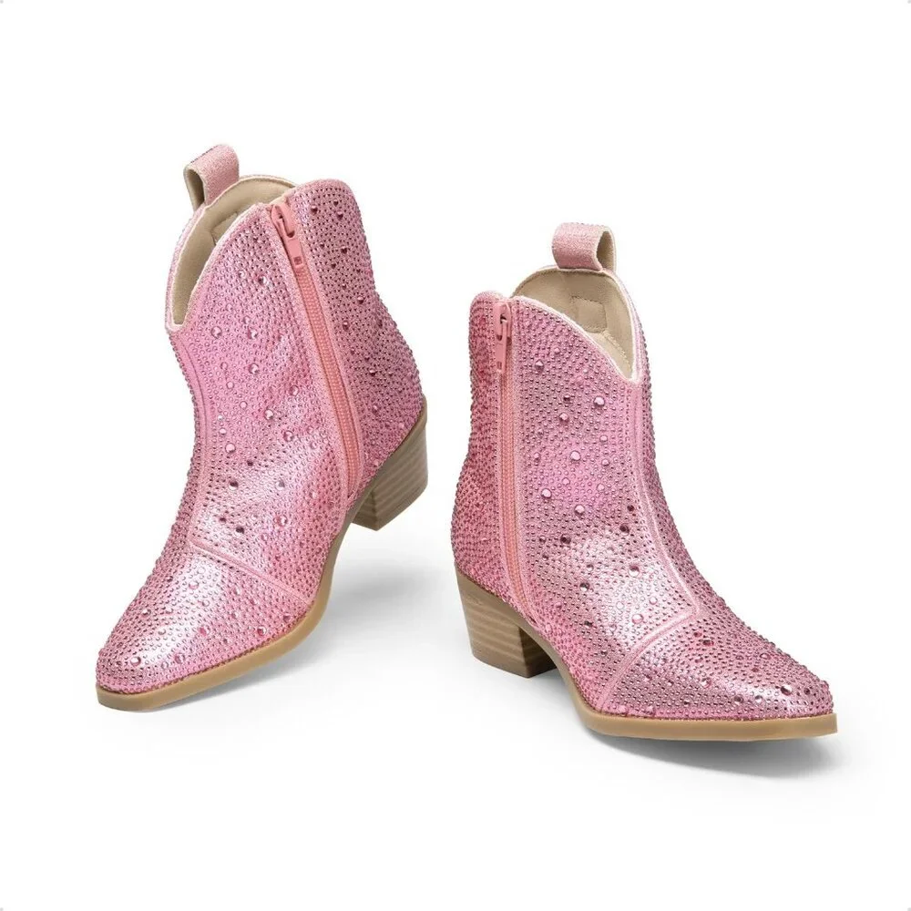 ⚡Girls Pink Cowgirl Rhinestone Zipper Boots Ankle Low Heel Dress Booties